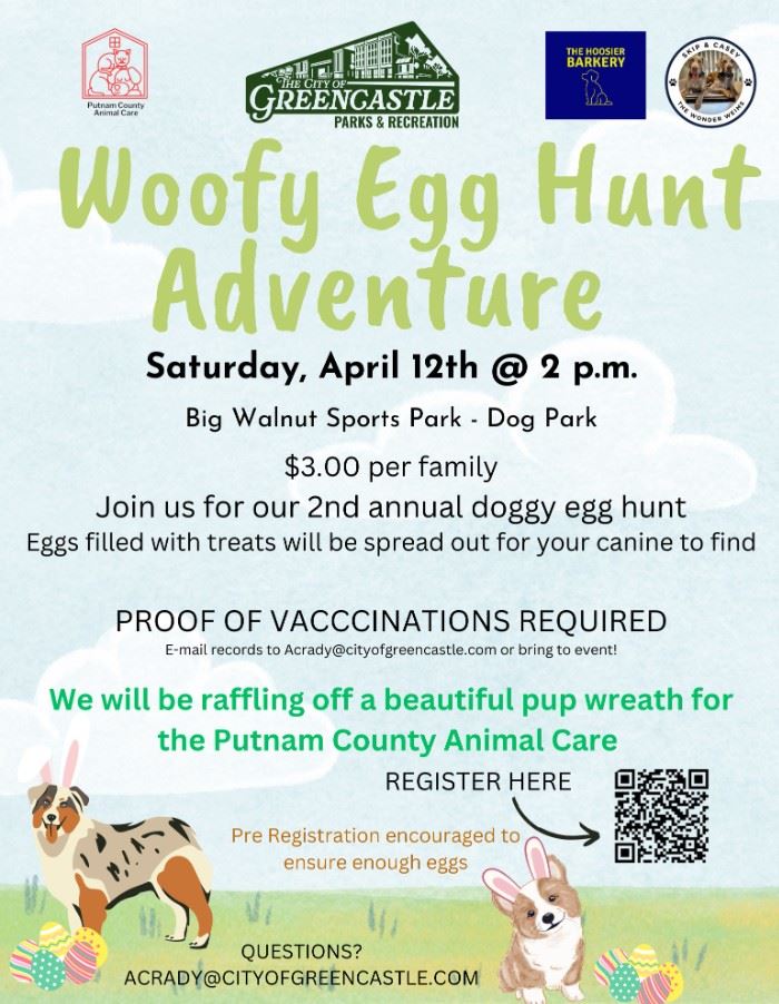 Flyer with dogs on it for the Woofy Egg Hunt