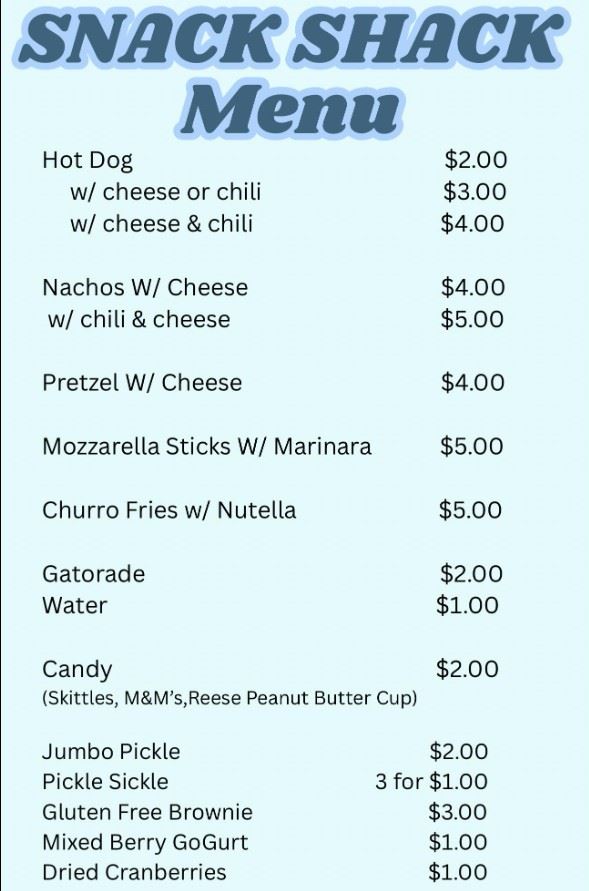 Price sheet for the Aquatics Center's Concession Stand