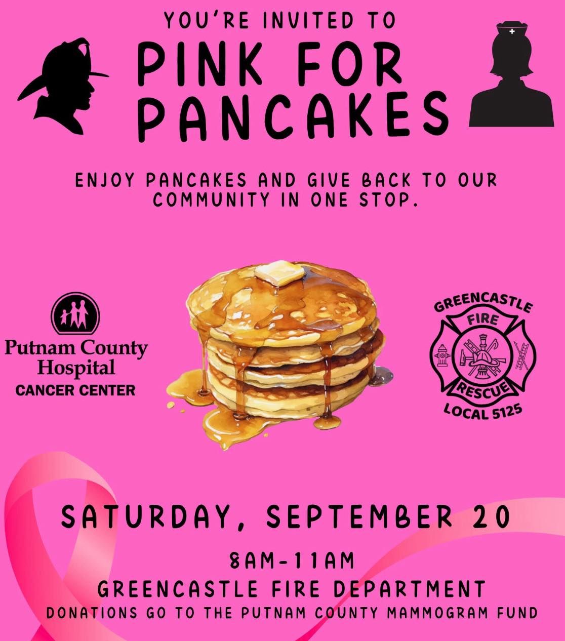A flyer for the Pink for Pancakes Breakfast at the Greencastle Firehouse on September 20, 2025